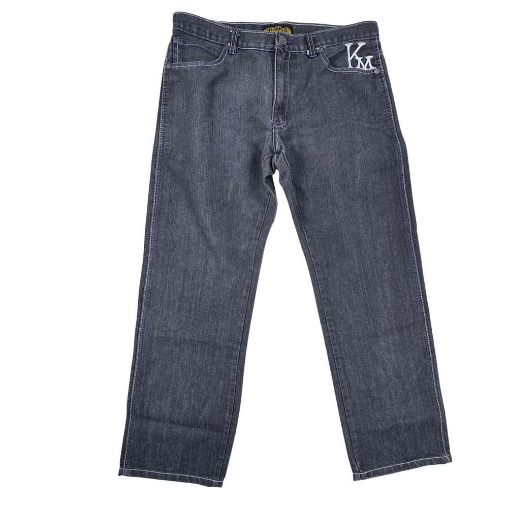 King Maker Mens Straight Leg Jeans Black Faded Purple Contrast Stitch Size 34x28 - Picture 2 of 15